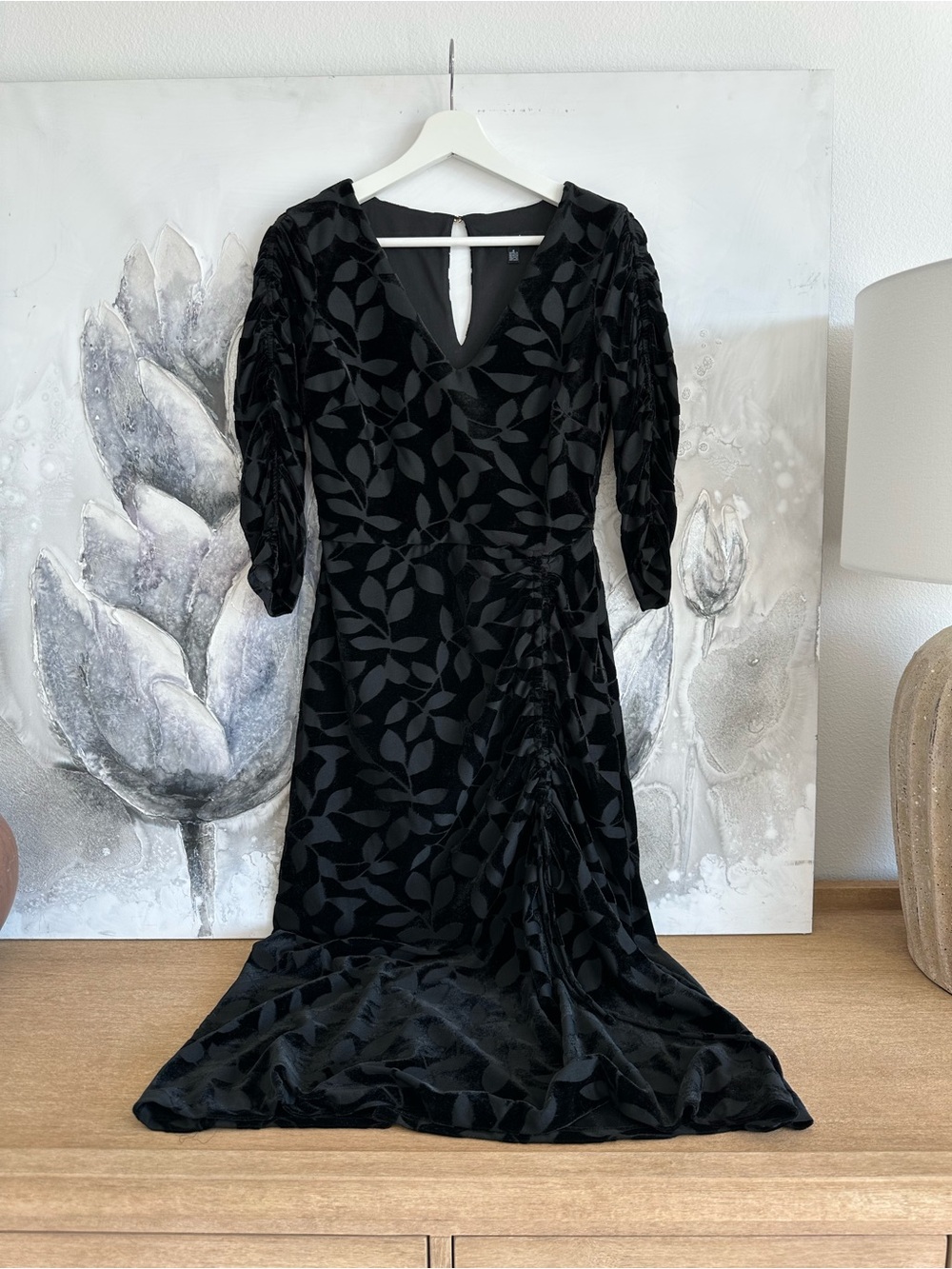 Kensie Black Leaf-Pattern V-Neck Midi Dress